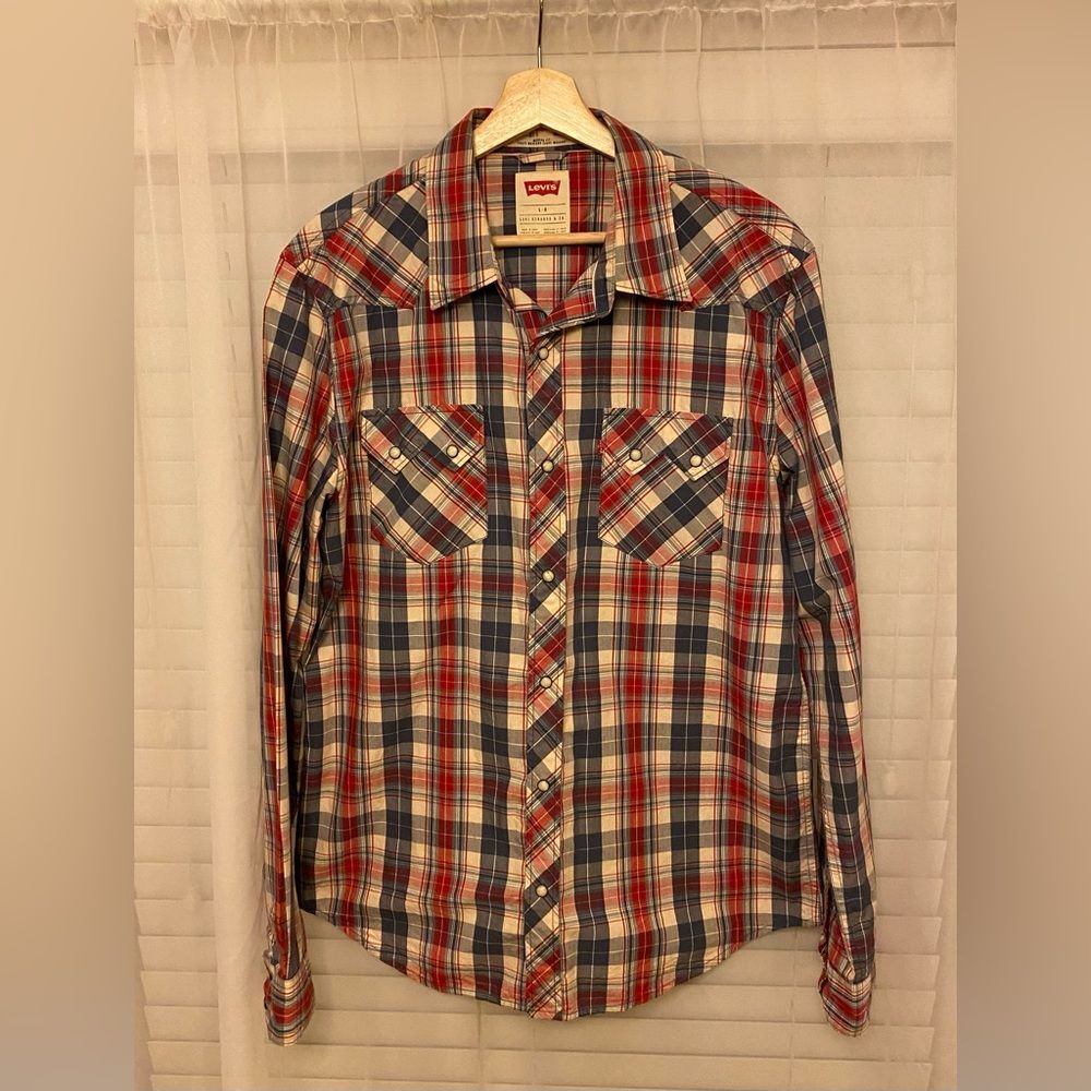 Levis Modern Fit Red Blue Western Pearl Snap Shirt - L